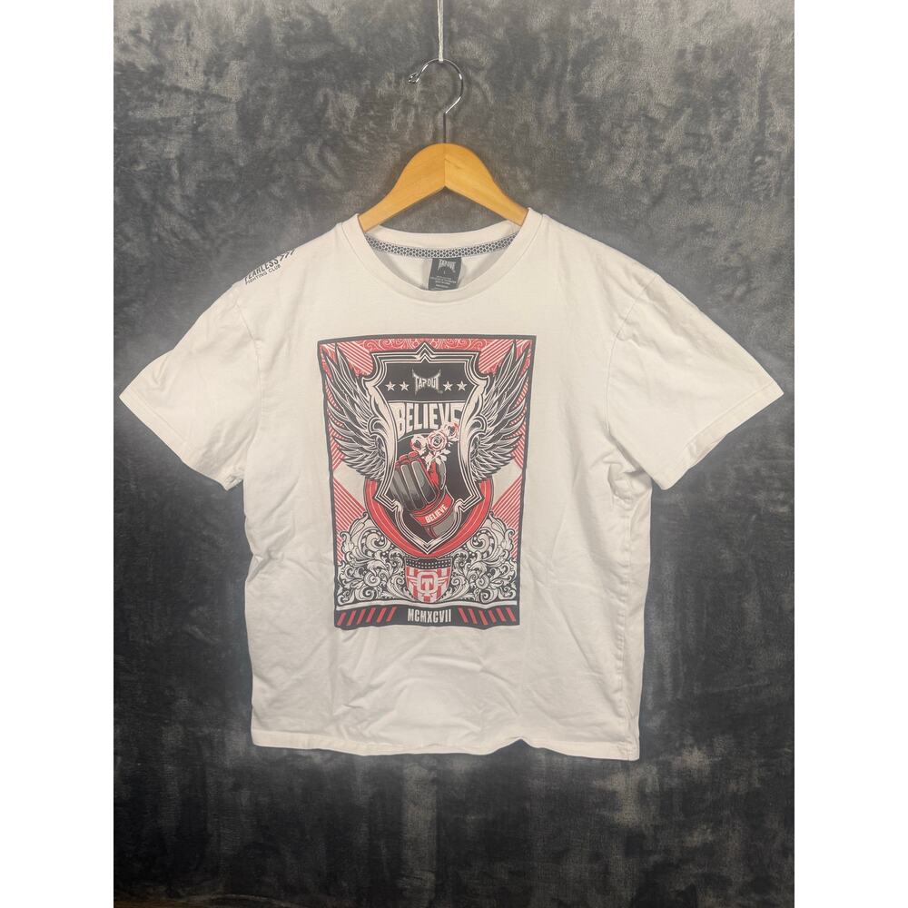 Tap Out Fearless Fighting Club “Believe” Graphic T Shirt Sz L White Y2K Grunge